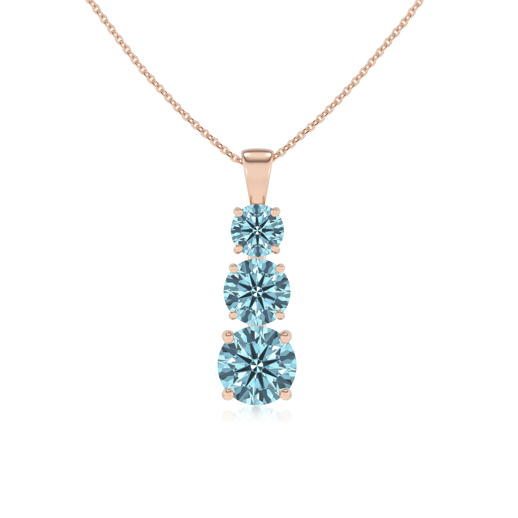 lab grown aquamarine round bar v-bale necklaces in rose gold