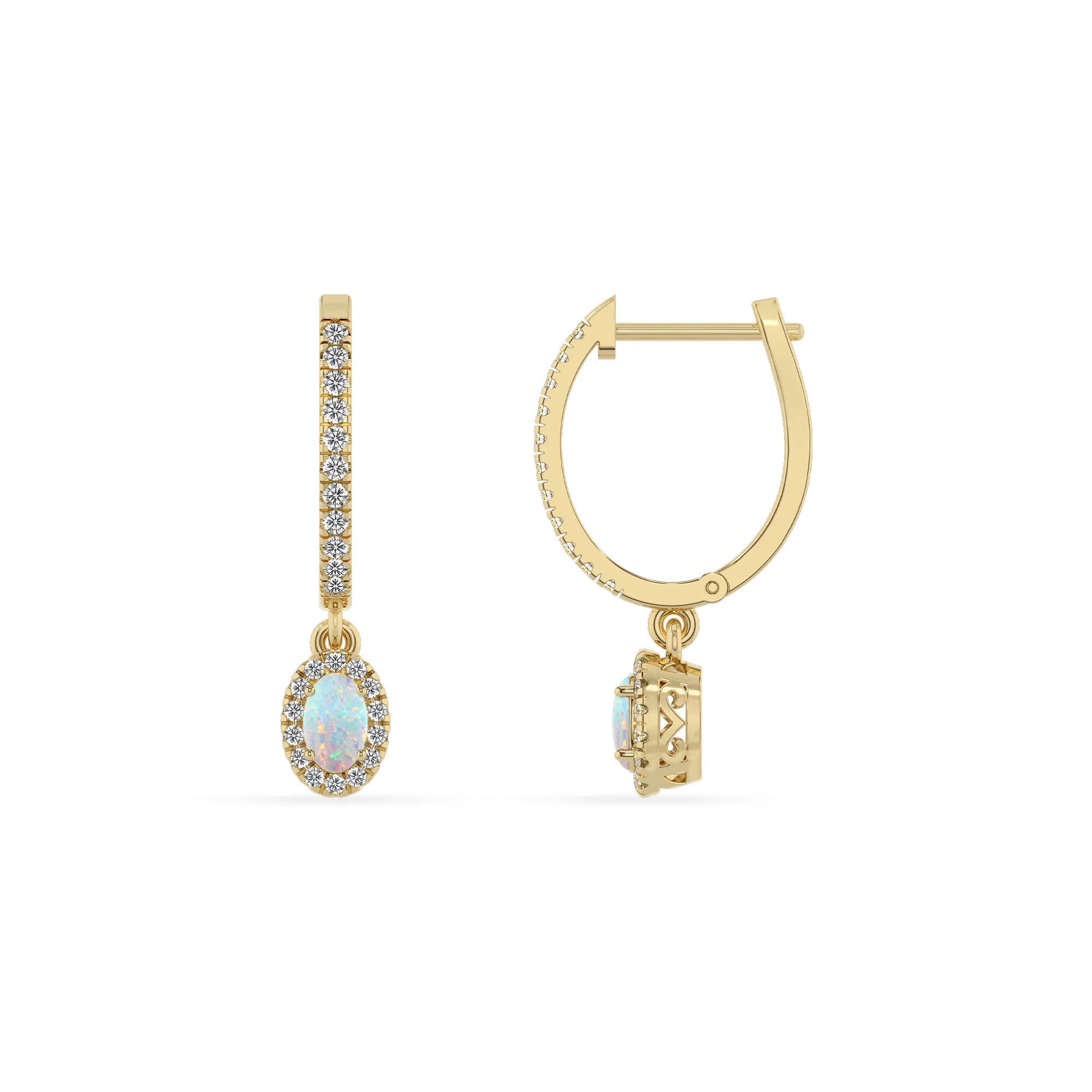 lab grown opal oval drop earrings in yellow gold