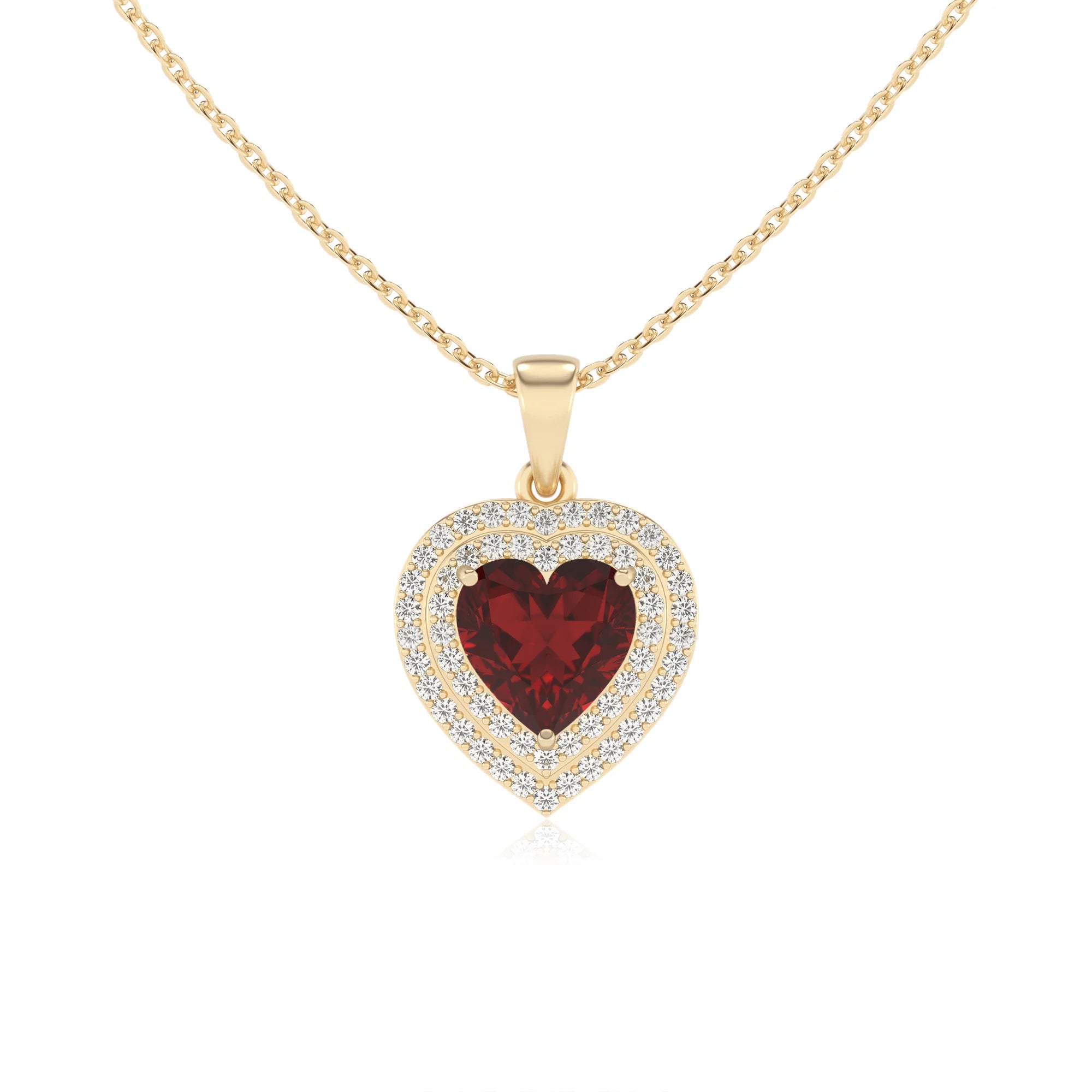 natural garnet heart halo necklaces in yellow gold