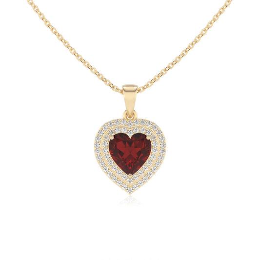 natural garnet heart halo necklaces in yellow gold