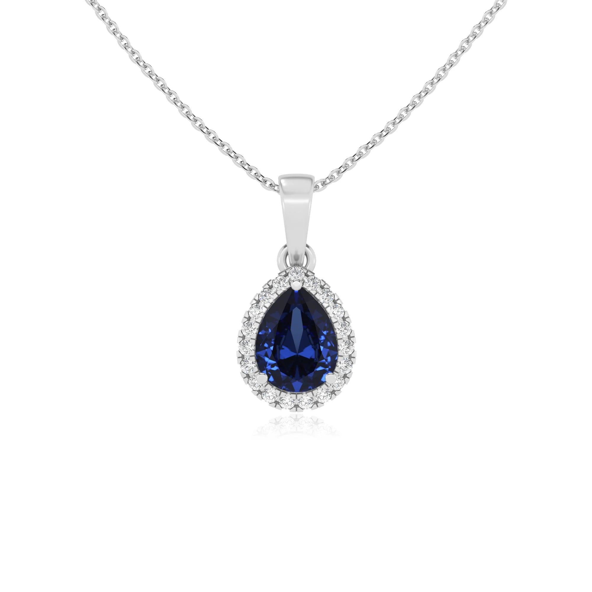 lab grown blue-sapphire pear solitaire necklaces in sterling silver
