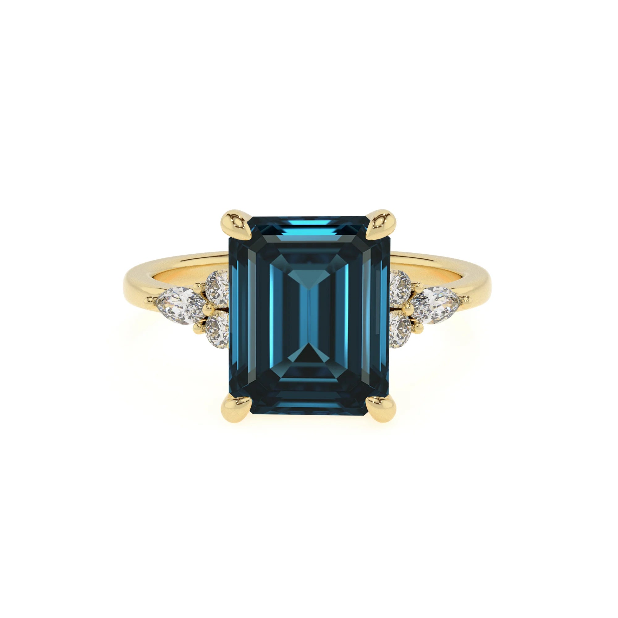 natural london-blue-topaz emerald cut solitaire rings in yellow gold