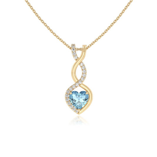 lab grown aquamarine heart infinity necklaces in yellow gold