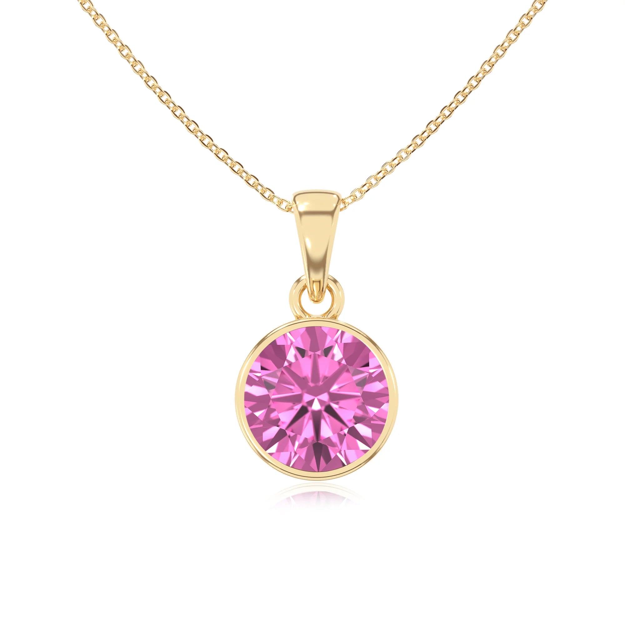 lab grown pink-sapphire round solitaire necklaces in yellow gold