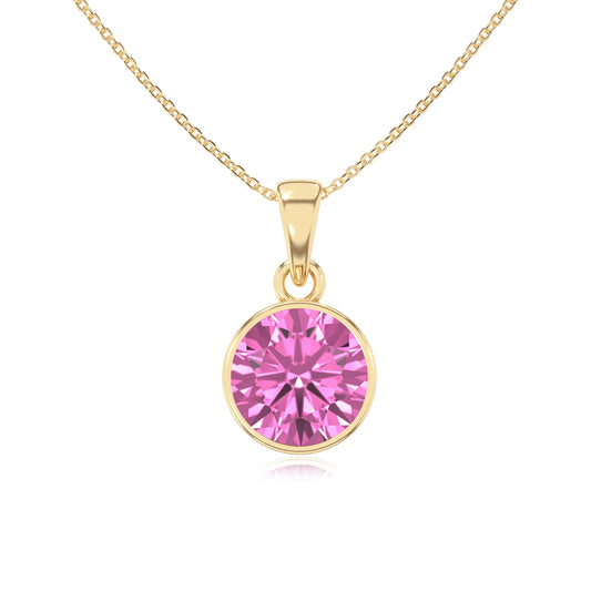 lab grown pink-sapphire round solitaire necklaces in yellow gold