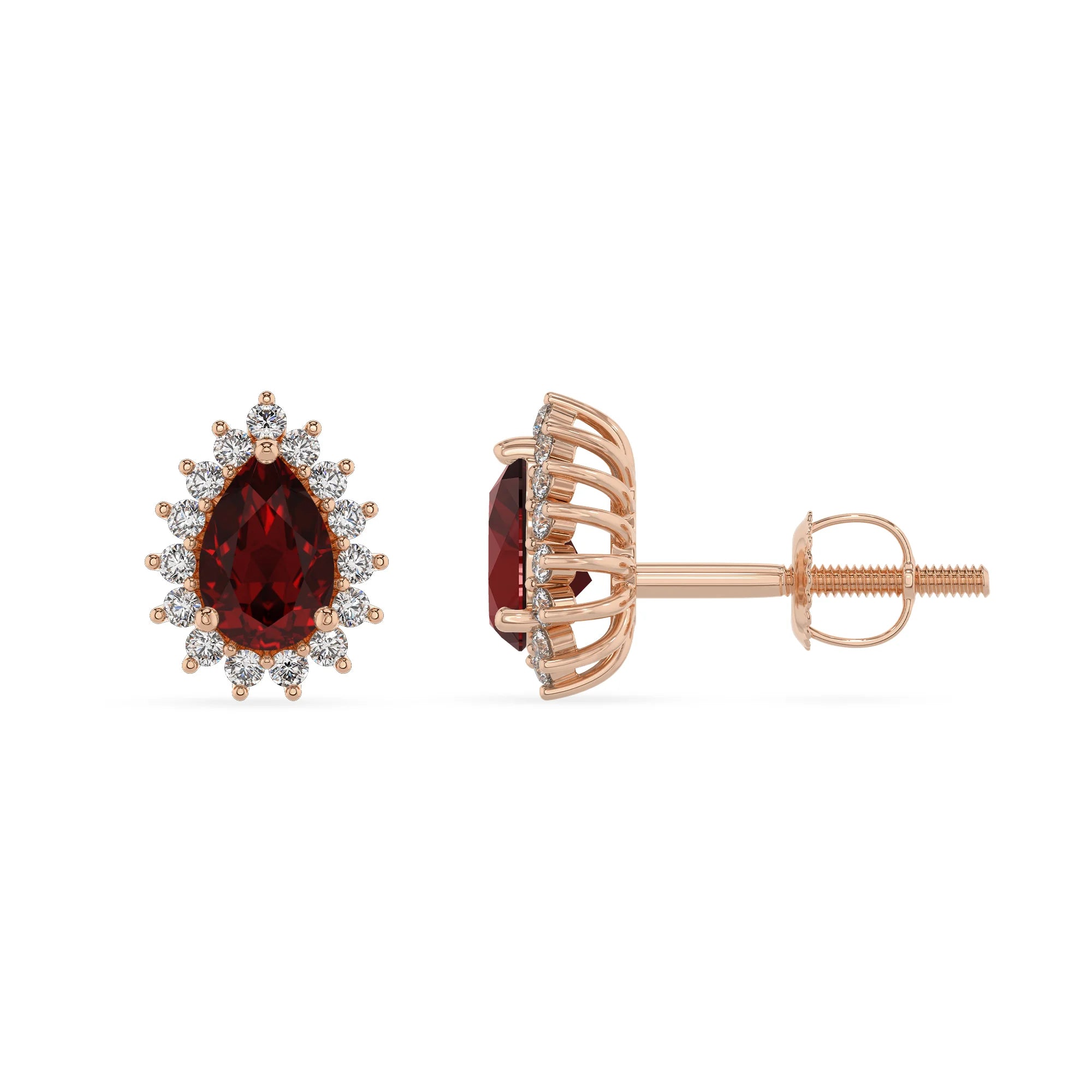 natural garnet pear stud earrings in rose gold