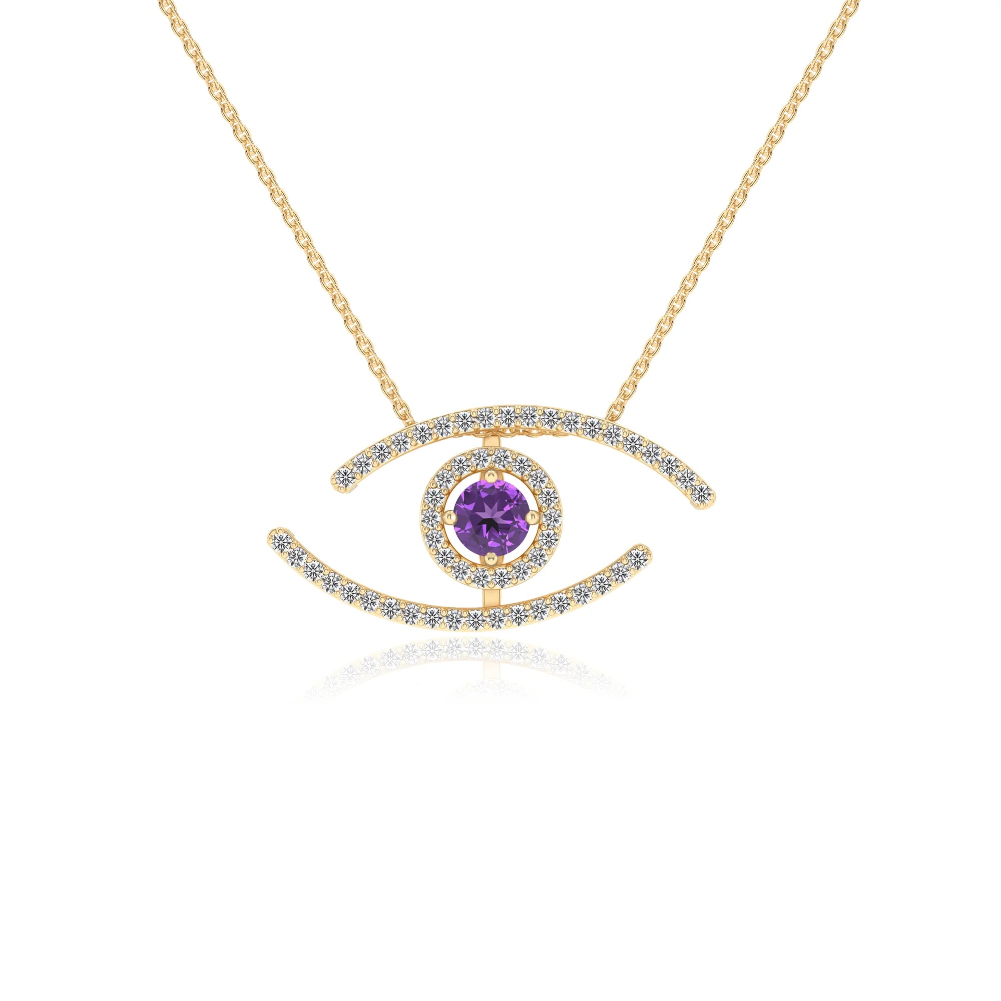 lab grown amethyst round solitaire necklaces in yellow gold