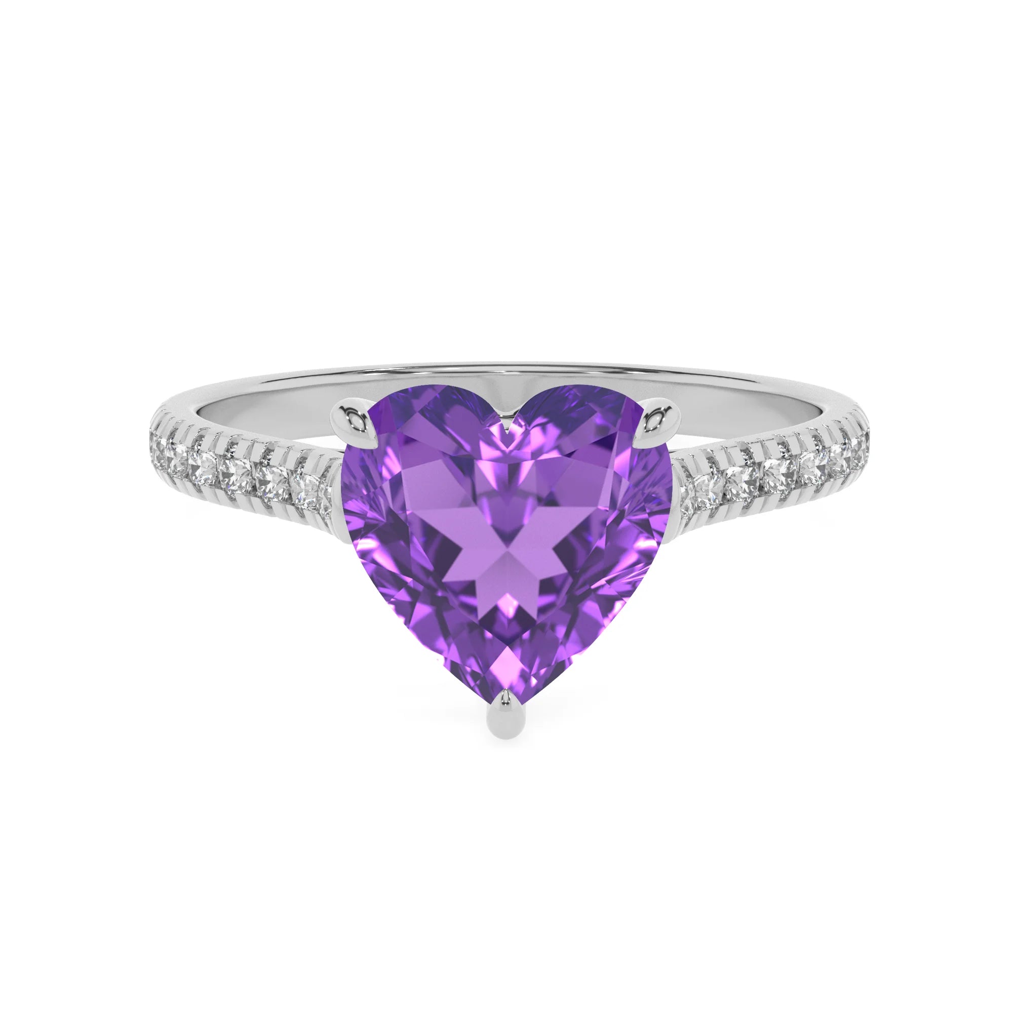lab grown amethyst heart half eternity solitaire engagement rings in sterling silver