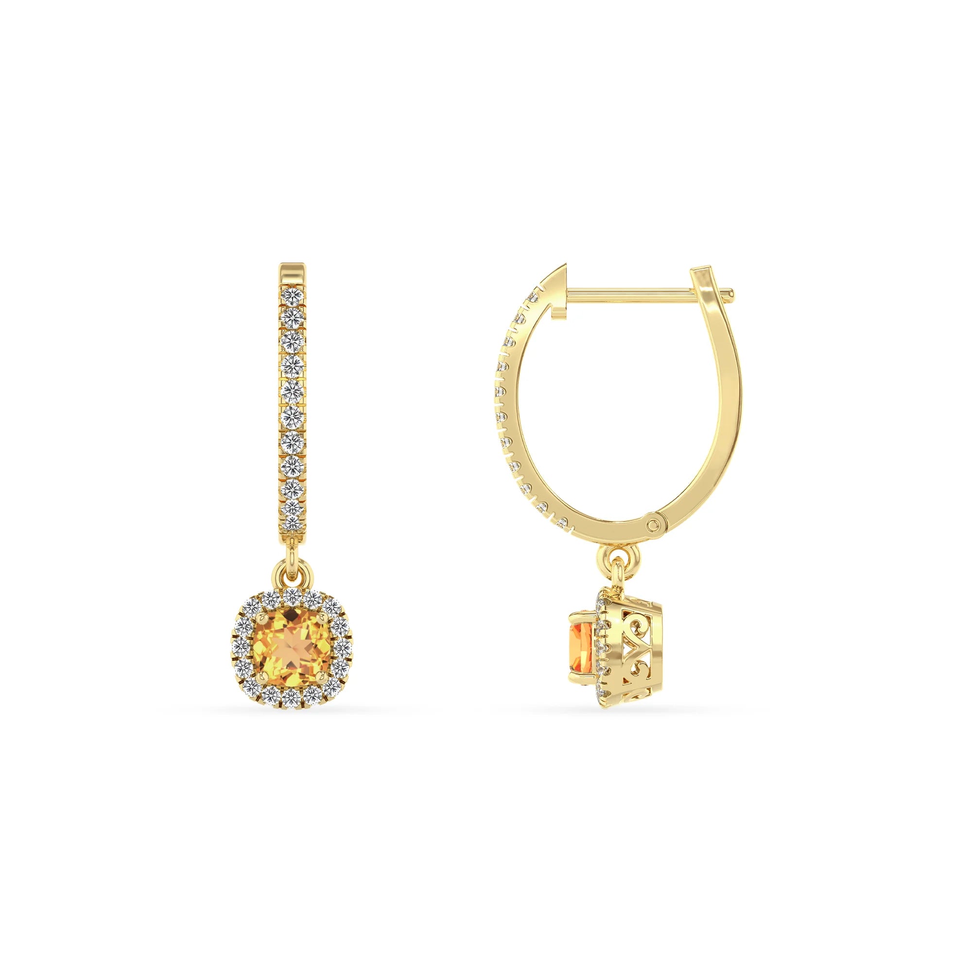 lab grown citrine cushion drop earrings in yellow gold