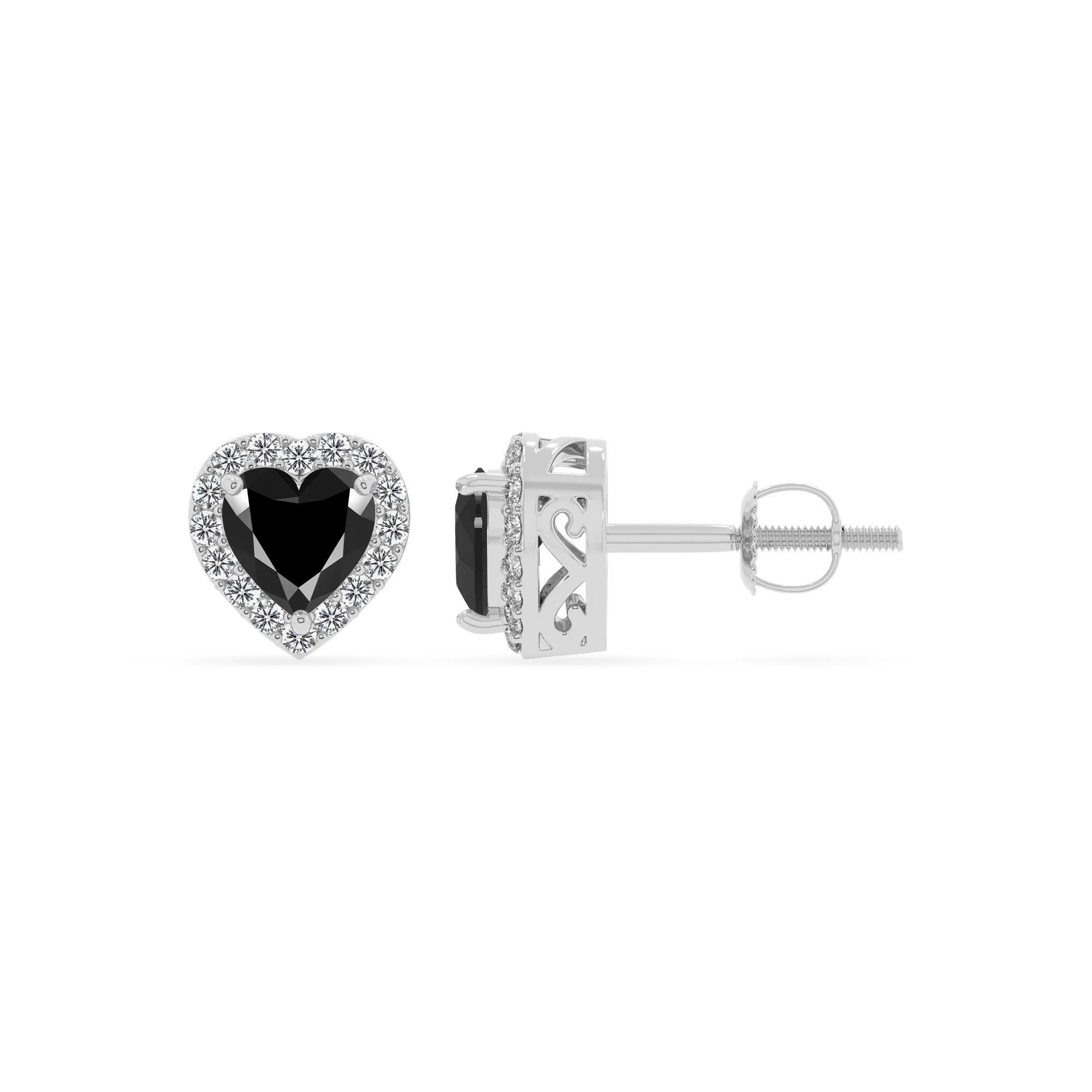 natural black onyx heart stud earrings in white gold