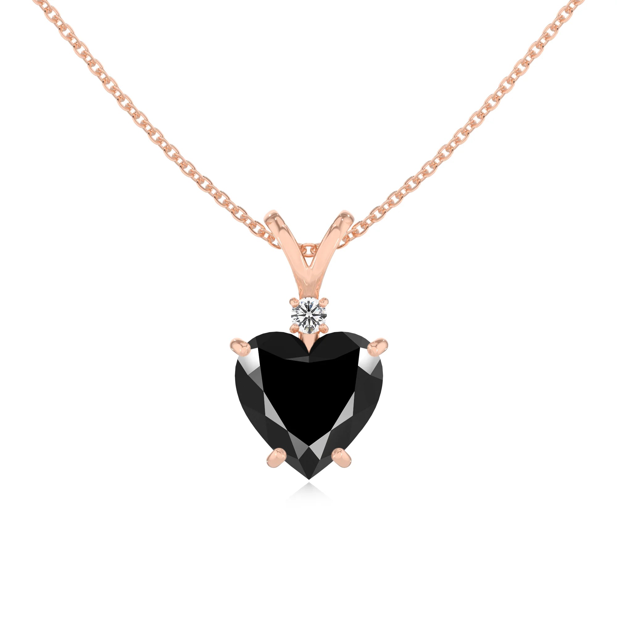 natural black-onyx heart solitaire v-bale necklaces in rose gold