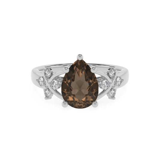 natural smoky-quartz pear solitaire rings in platinum