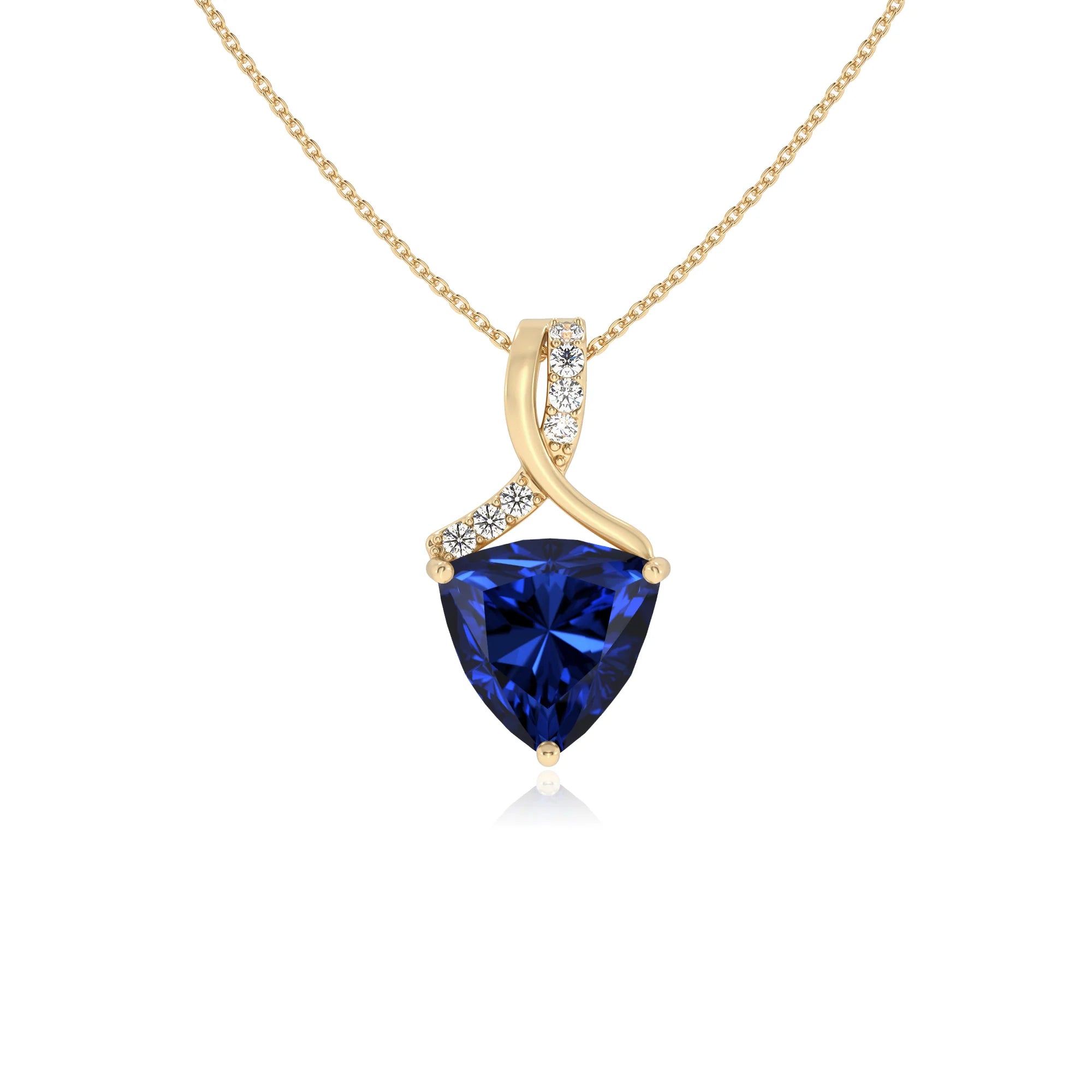 lab grown blue-sapphire trillion solitaire necklaces in yellow gold