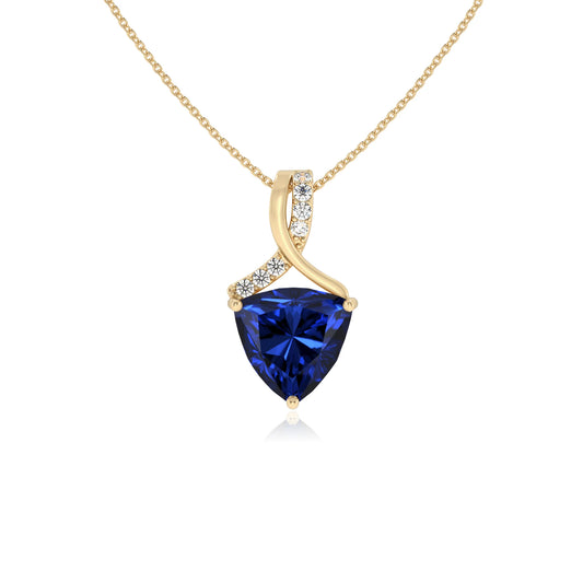 lab grown blue-sapphire trillion solitaire necklaces in yellow gold