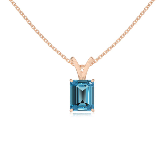 natural swiss-blue-topaz emerald cut solitaire v-bale necklaces in rose gold