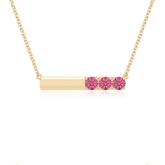 lab grown pink-tourmaline round bar v-bale necklaces in yellow gold