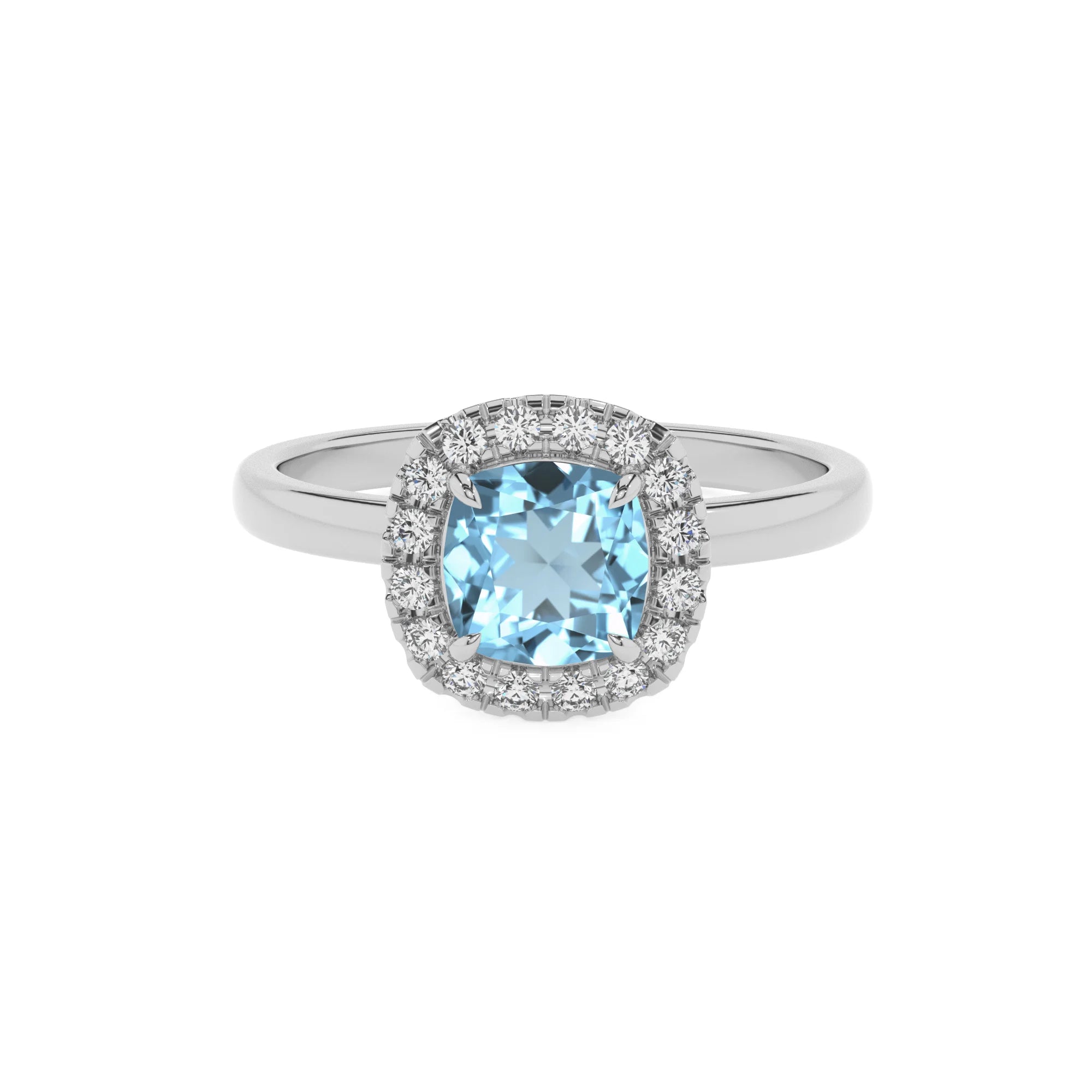 lab grown aquamarine cushion solitaire rings in sterling silver