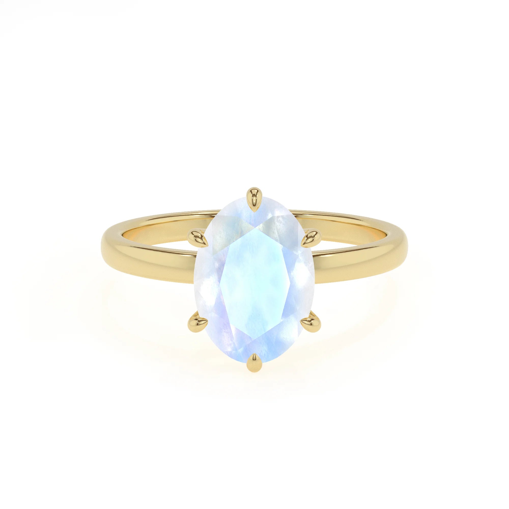 natural rainbow-moonstone oval solitaire rings in yellow gold