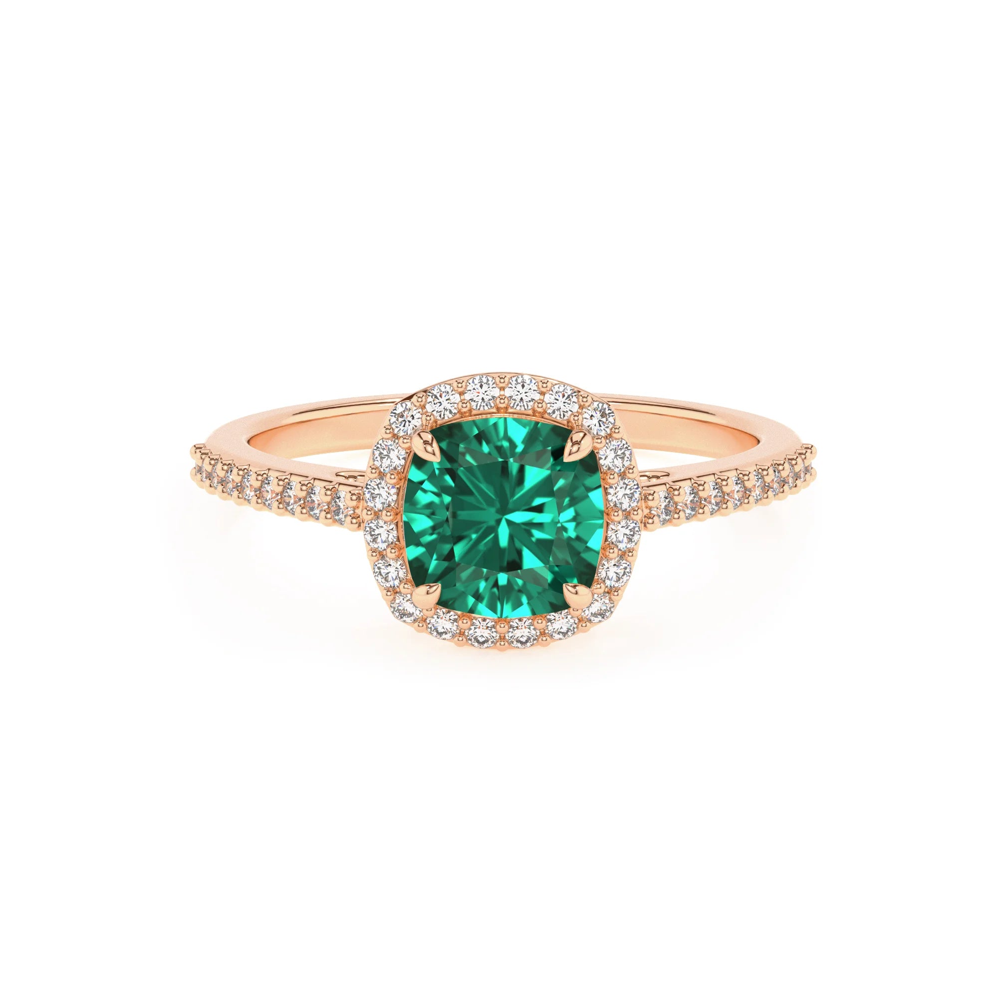 lab grown emerald cushion solitaire rings in rose gold