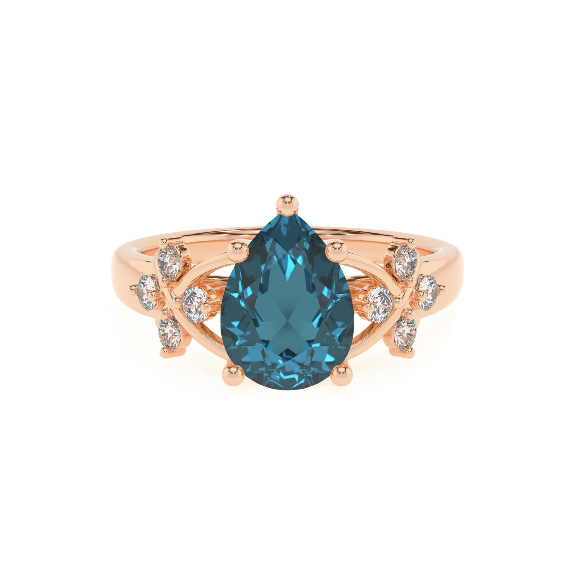 natural london-blue-topaz pear solitaire rings in rose gold