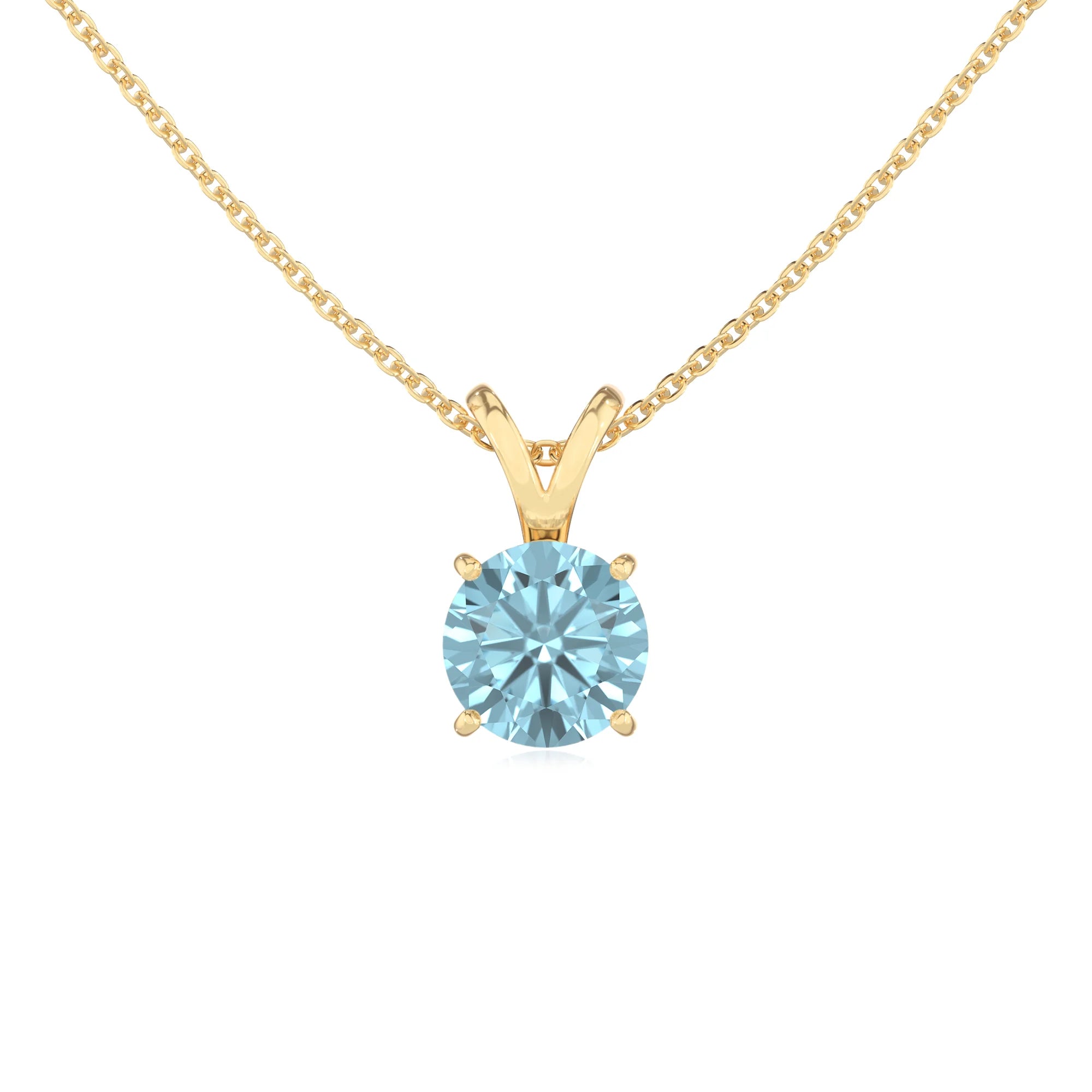 lab grown aquamarine round solitaire v-bale necklaces in yellow gold