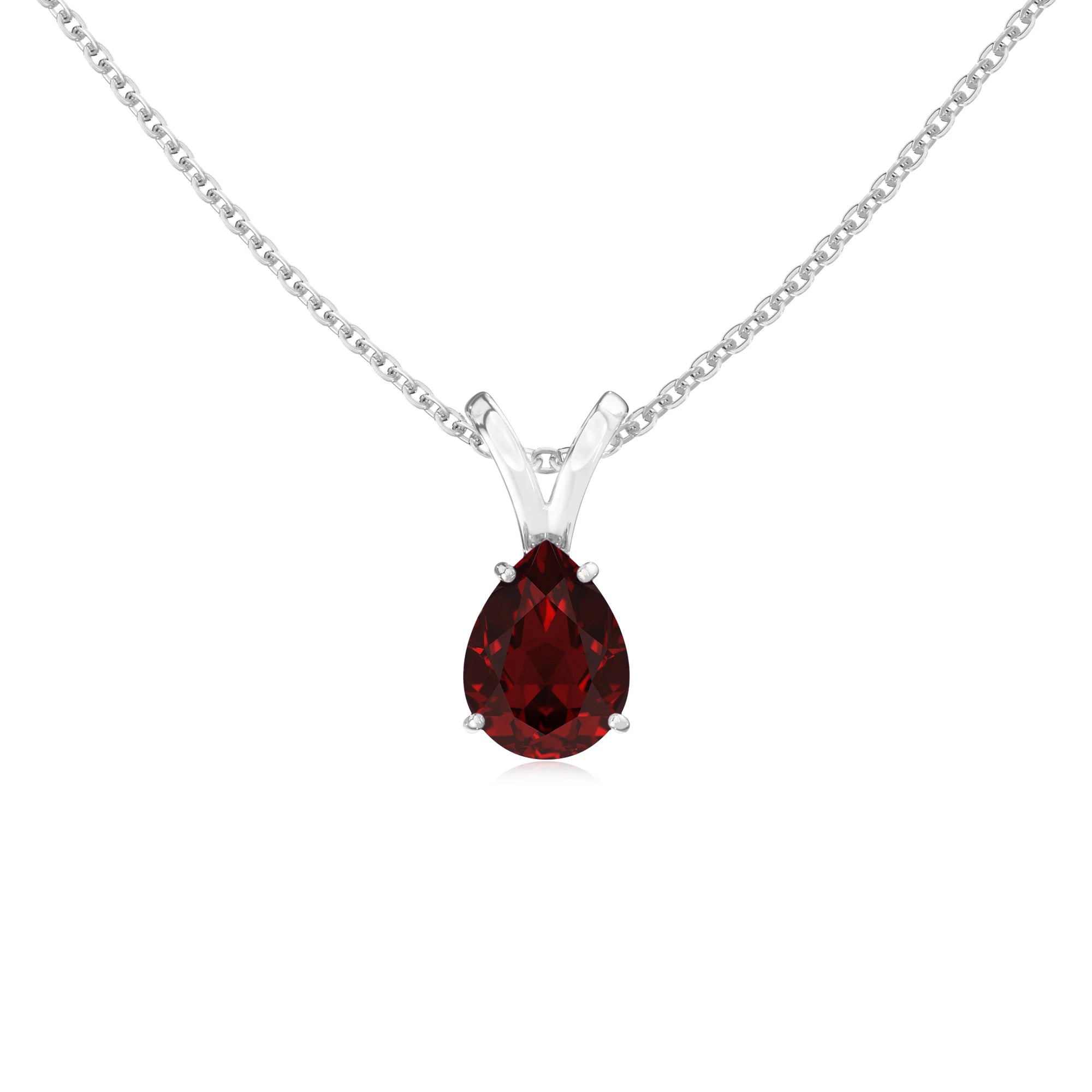 natural garnet pear solitaire v-bale necklaces in sterling silver