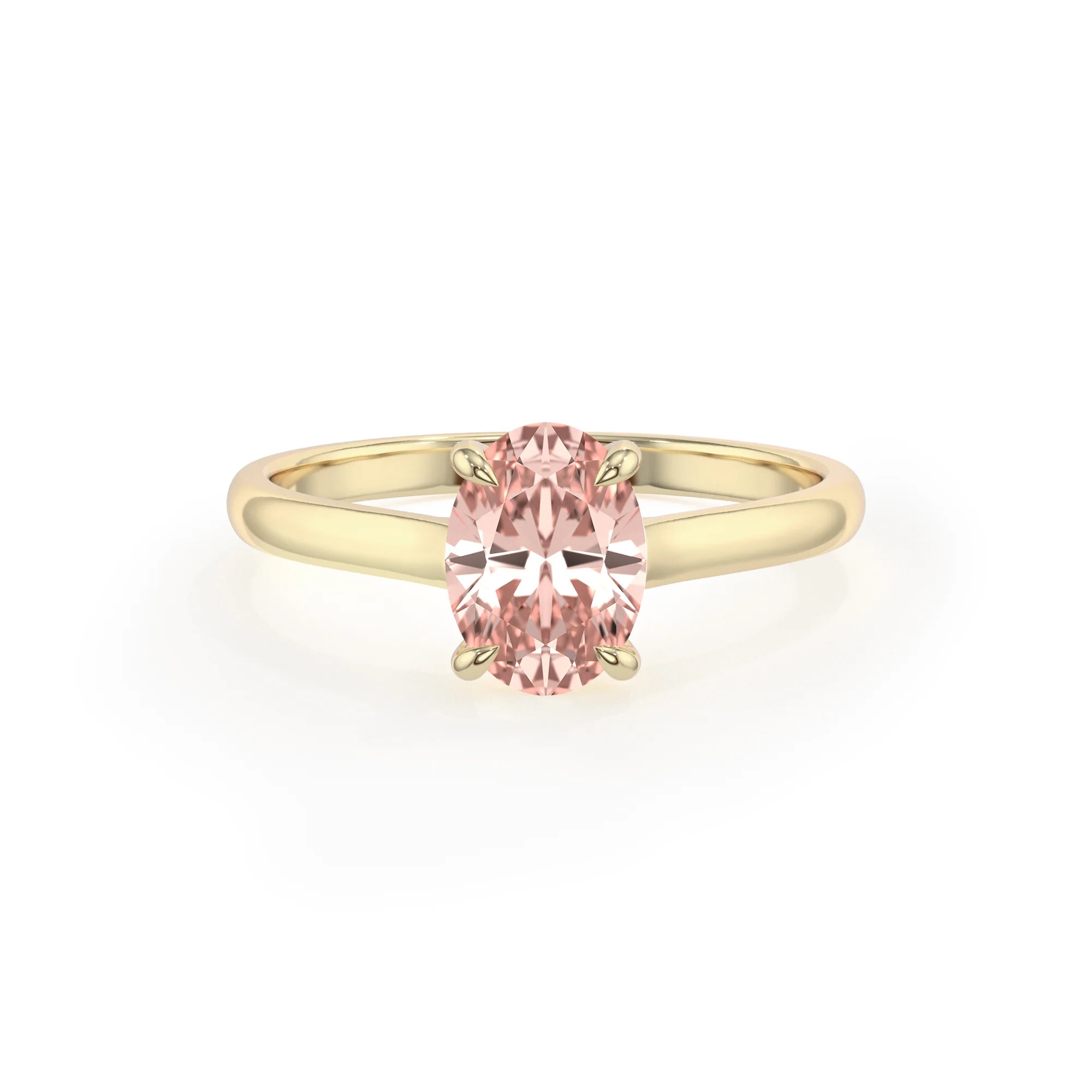 lab grown morganite oval solitaire rings in yellow gold