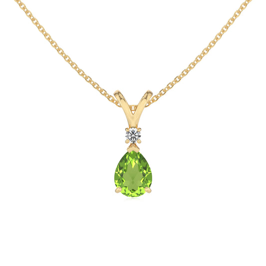 natural peridot pear solitaire v-bale necklaces in yellow gold