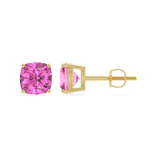 lab grown pink sapphire cushion stud earrings in yellow gold