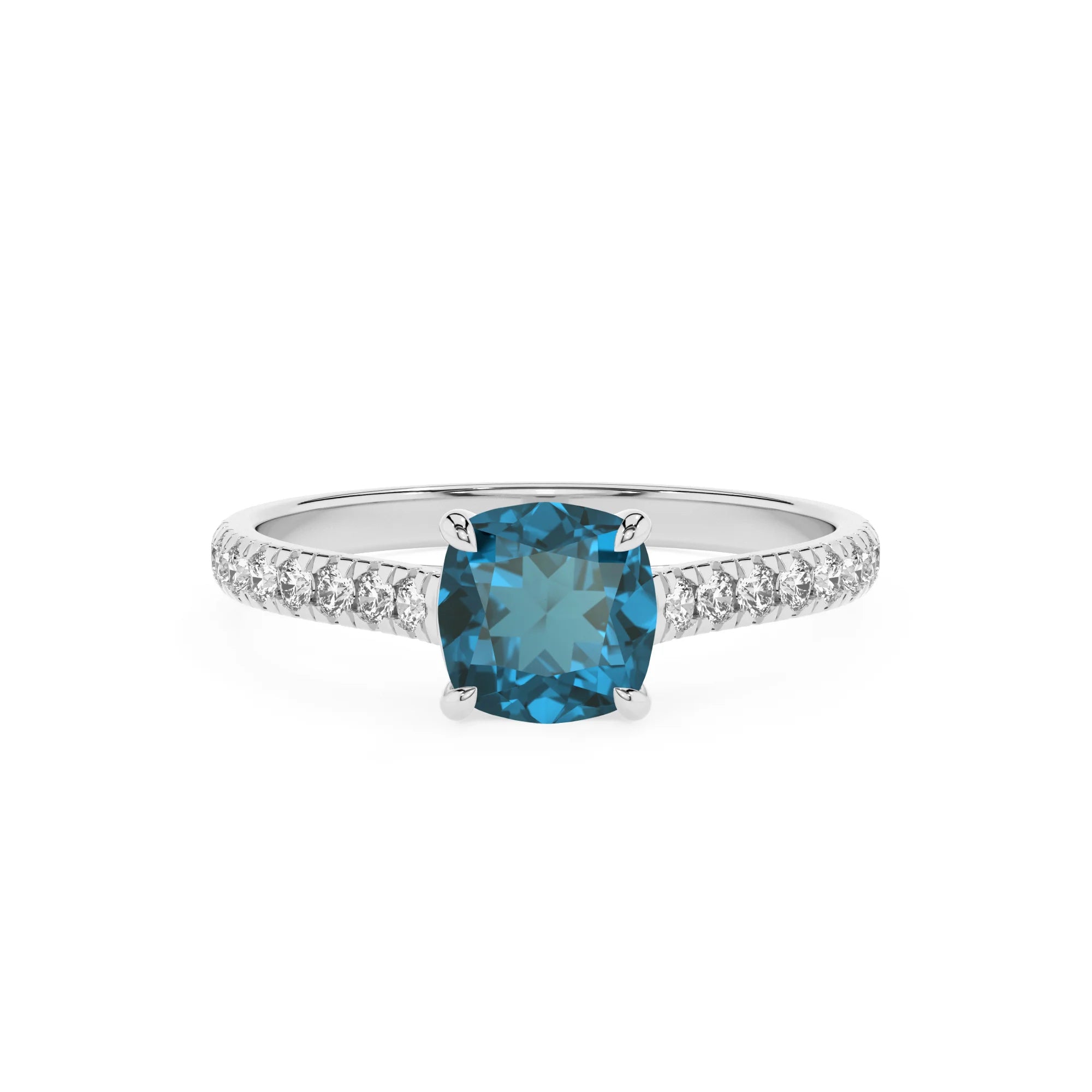 natural london-blue-topaz cushion half eternity solitaire engagement rings in platinum