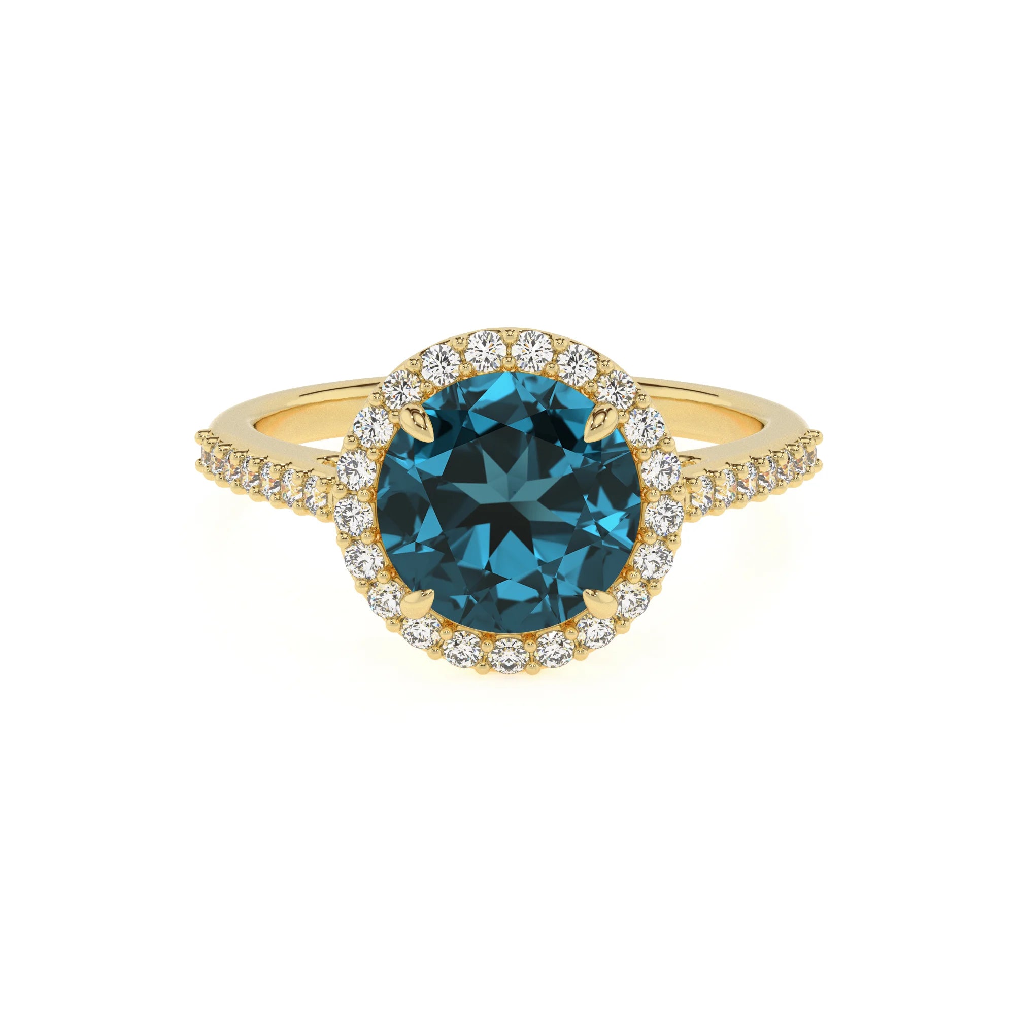 natural london-blue-topaz round solitaire rings in yellow gold
