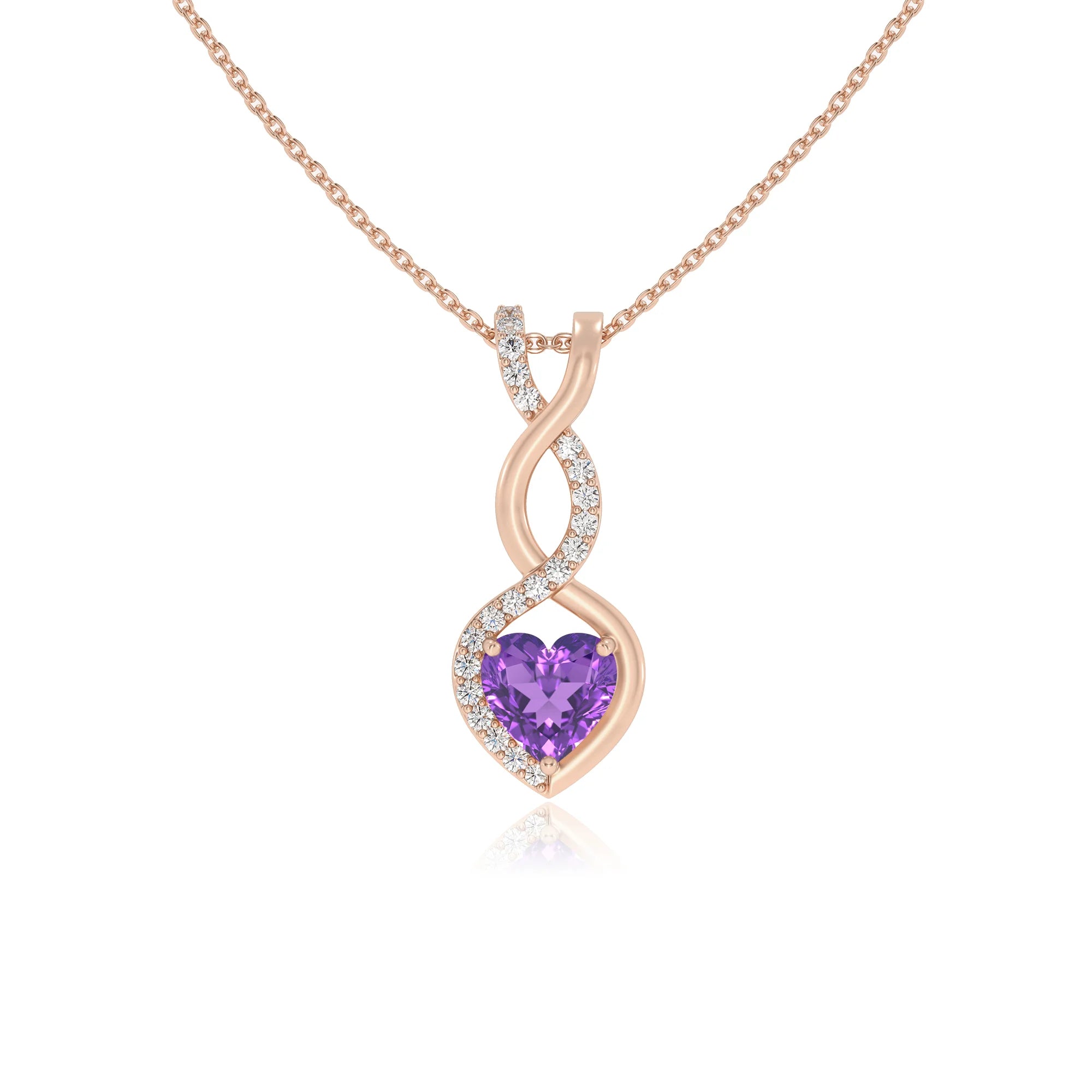 lab grown amethyst heart infinity necklaces in rose gold