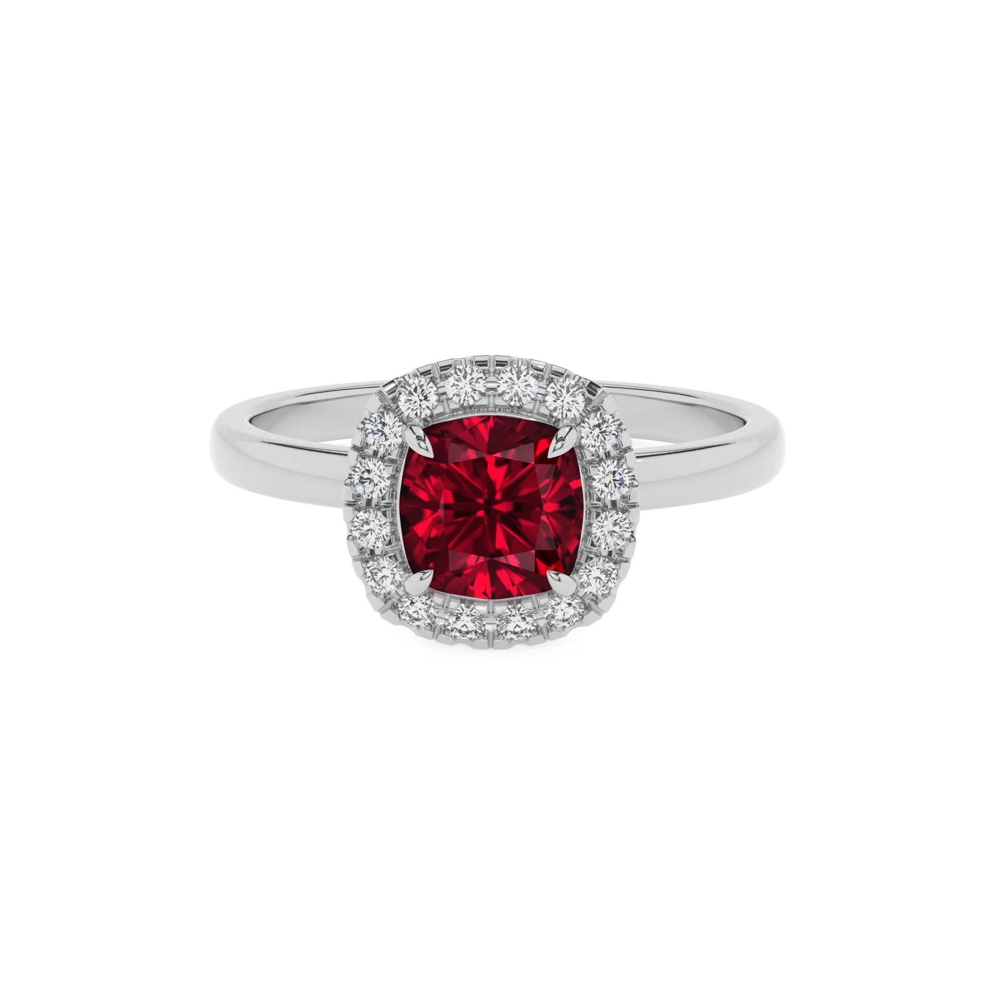 lab grown ruby cushion solitaire rings in sterling silver