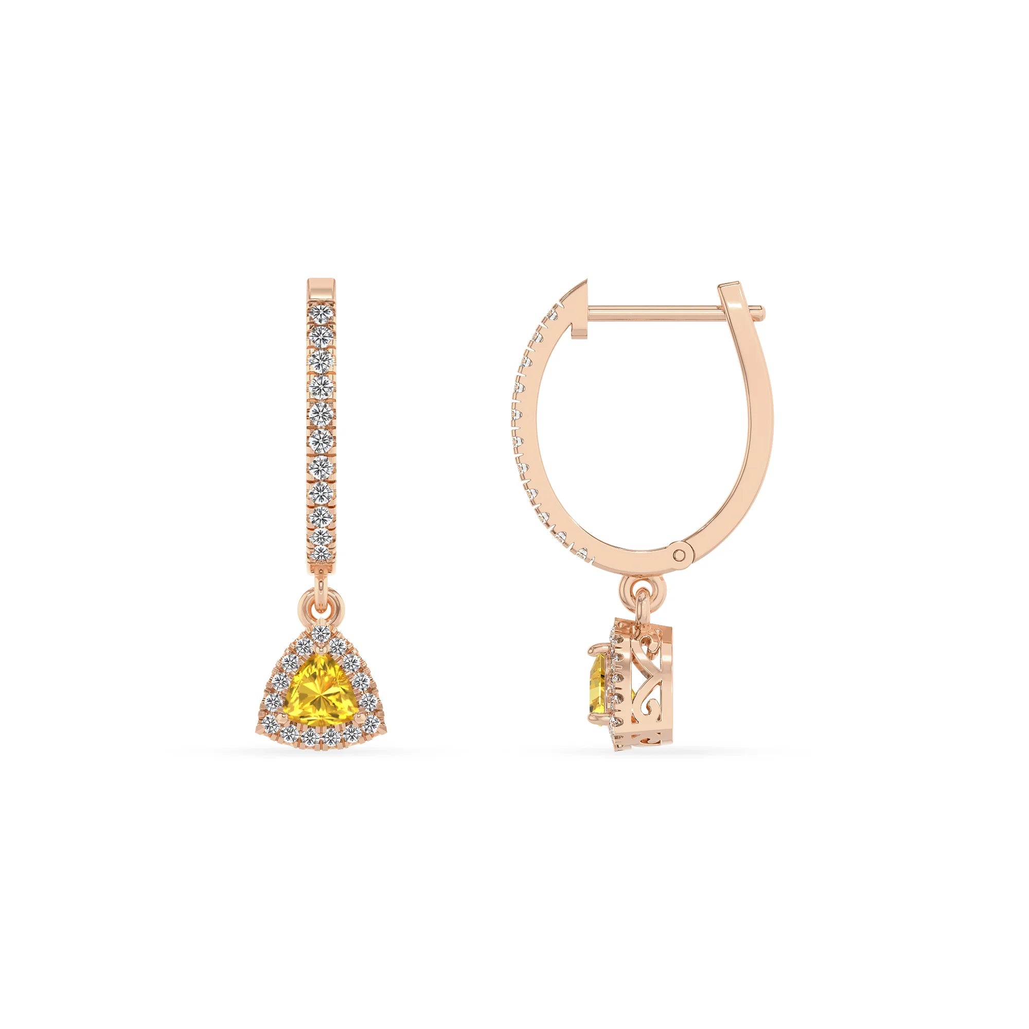 lab grown yellow sapphire trillion drop earrings in rose gold