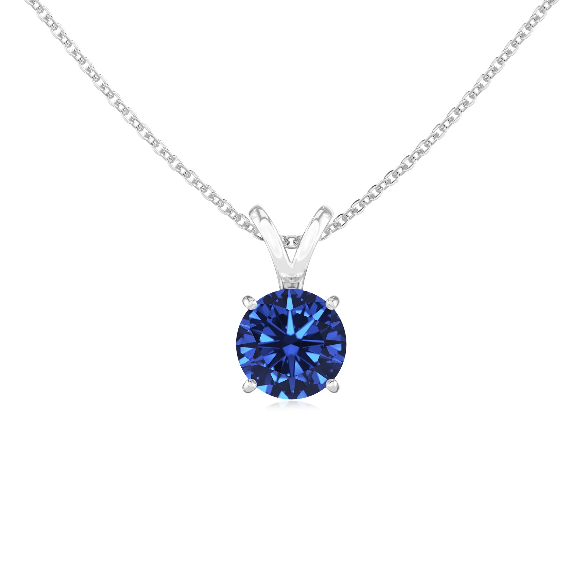 lab grown blue-sapphire round solitaire v-bale necklaces in platinum