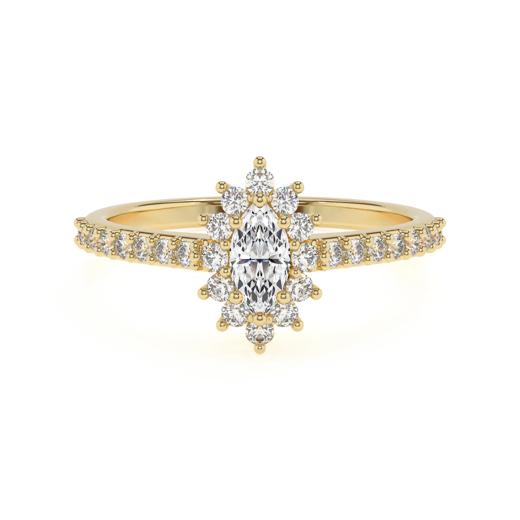 lab grown moissanite marquise solitaire rings in yellow gold