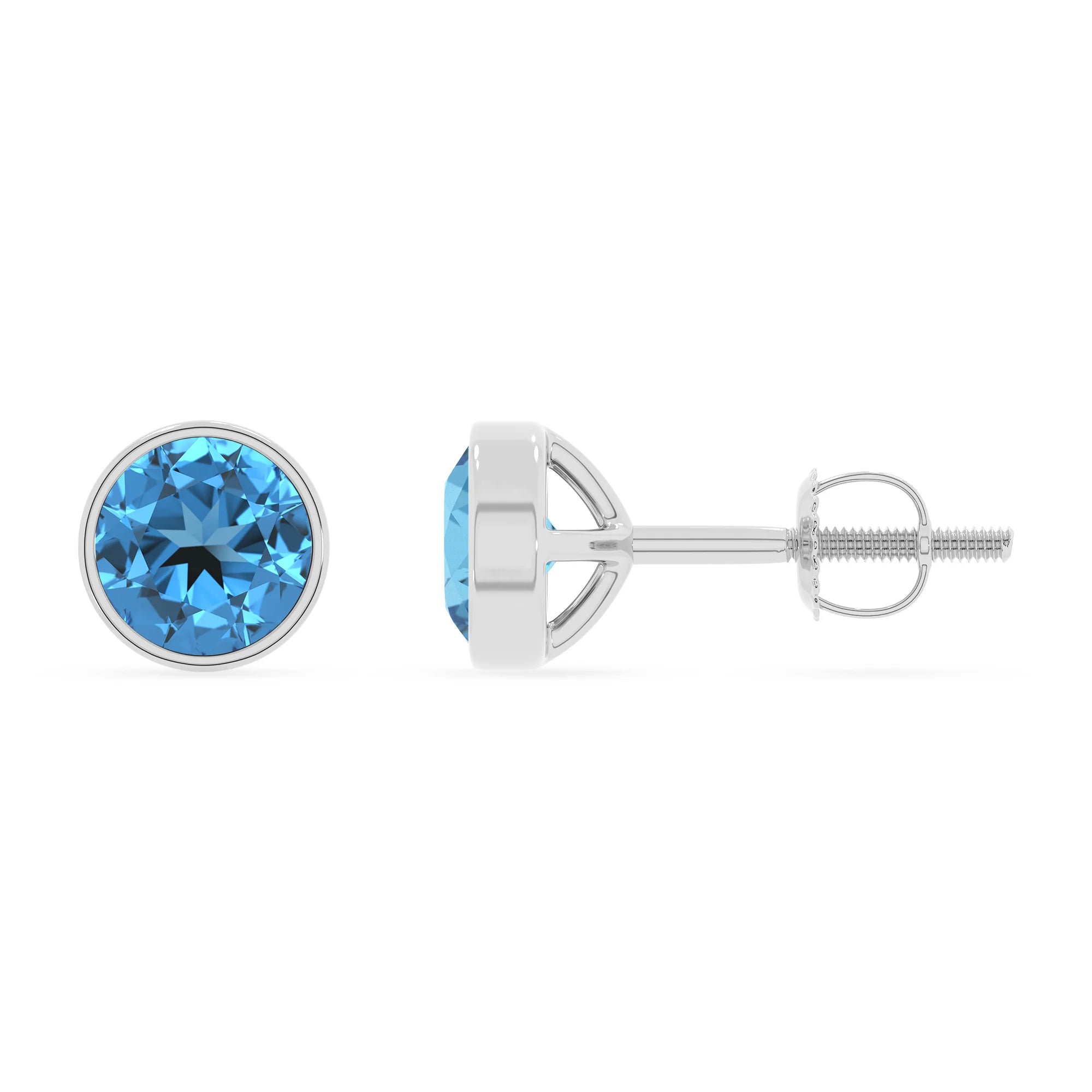 natural swiss blue topaz round stud earrings in platinum
