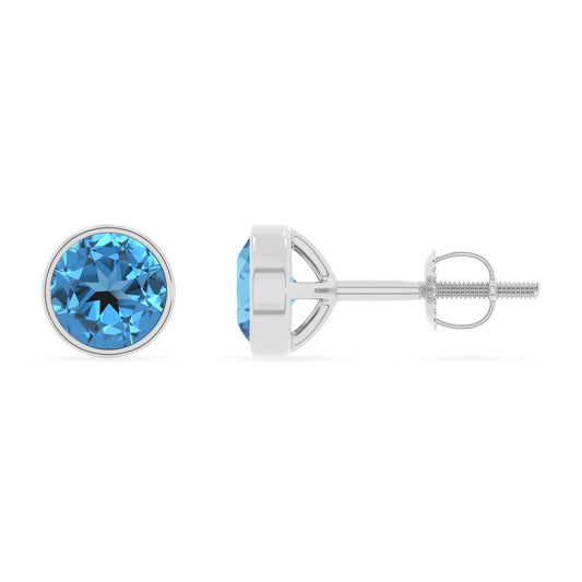 natural swiss blue topaz round stud earrings in platinum