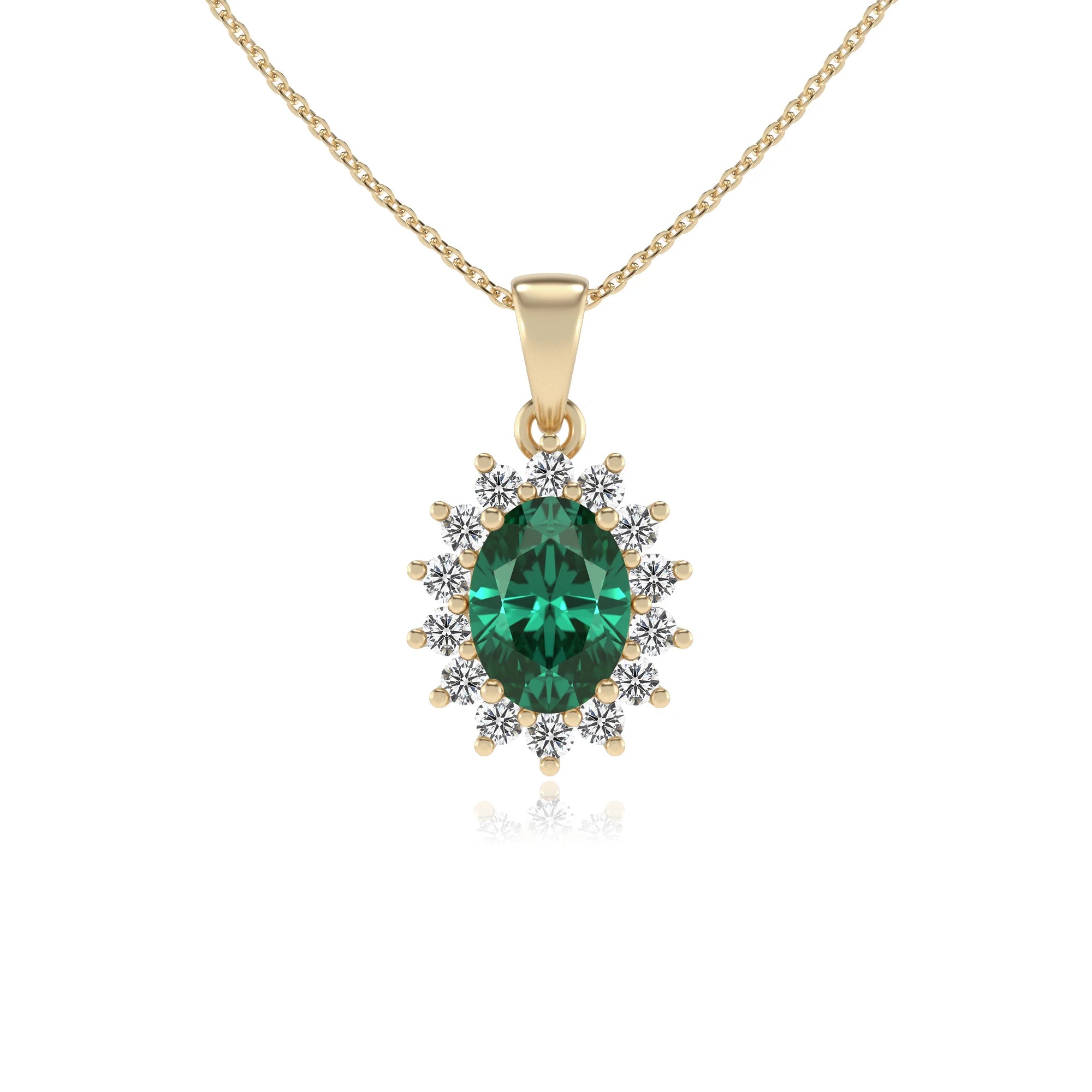 lab grown emerald oval halo necklaces in yellow gold