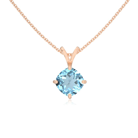 lab grown aquamarine cushion solitaire v-bale necklaces in rose gold