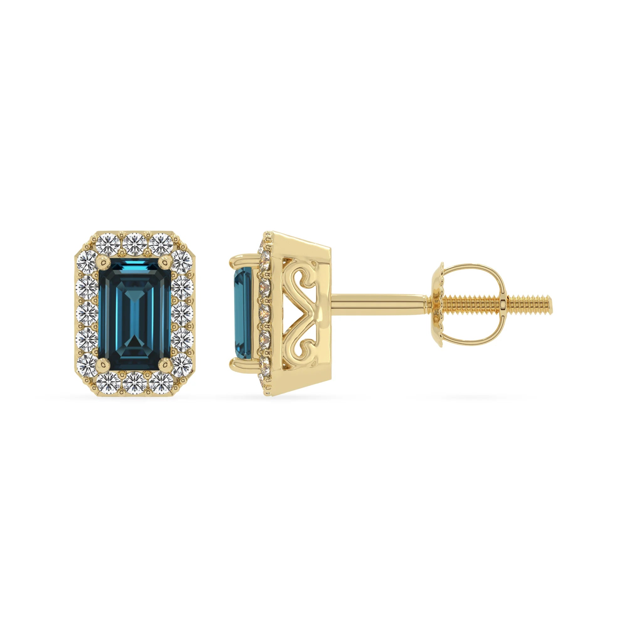 natural london blue topaz emerald cut stud earrings in yellow gold