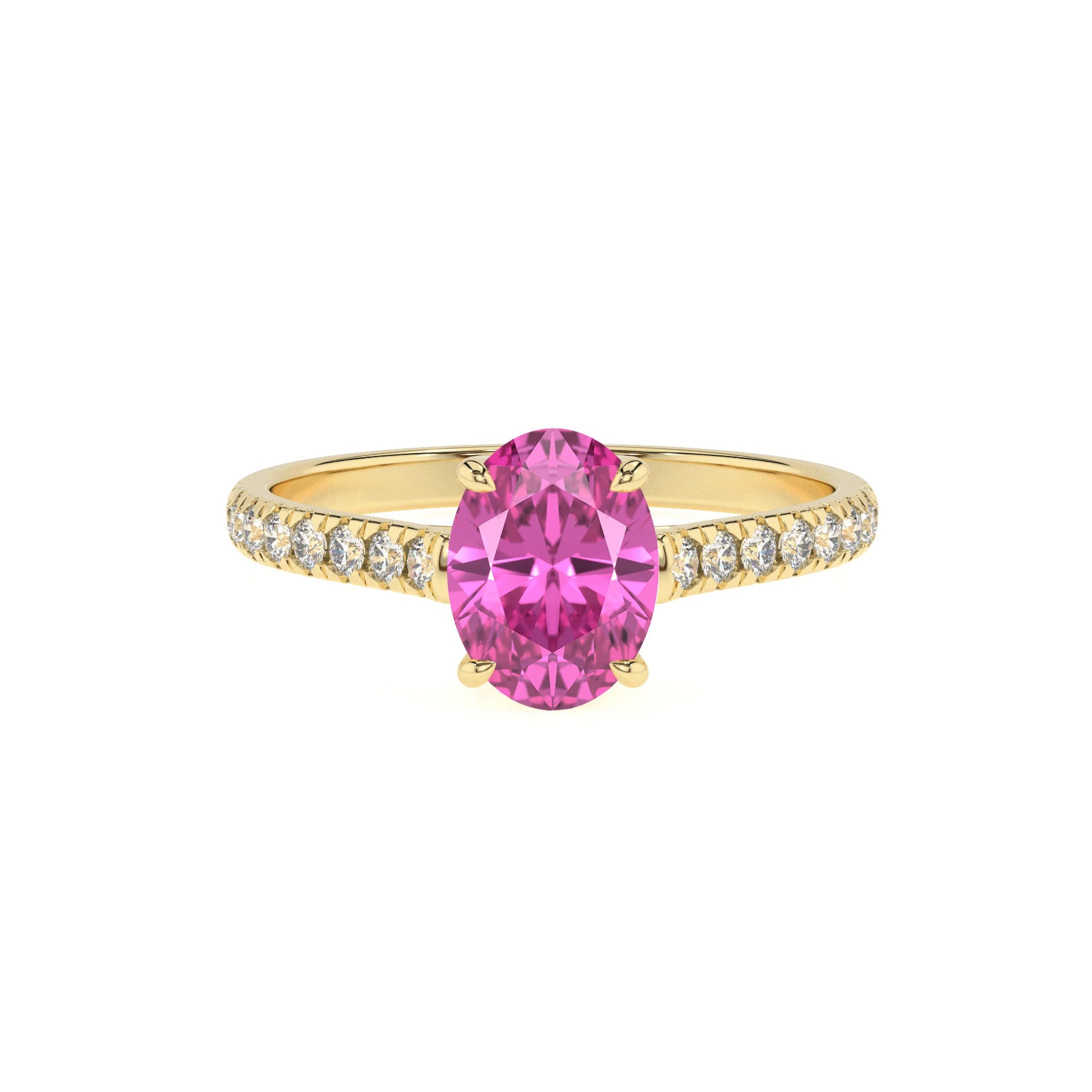 lab grown pink-sapphire oval half eternity solitaire engagement rings in yellow gold