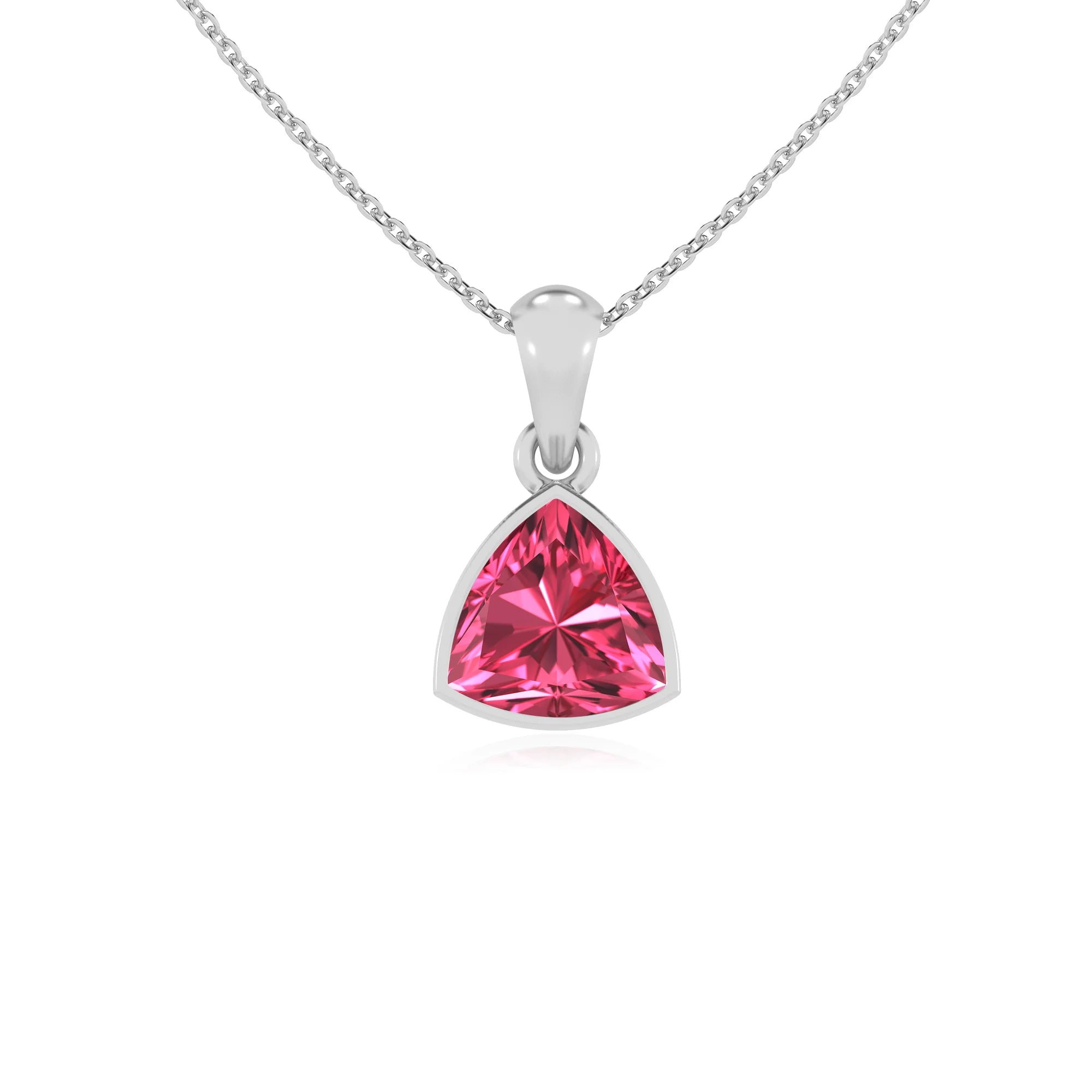 lab grown pink-tourmaline trillion solitaire necklaces in sterling silver