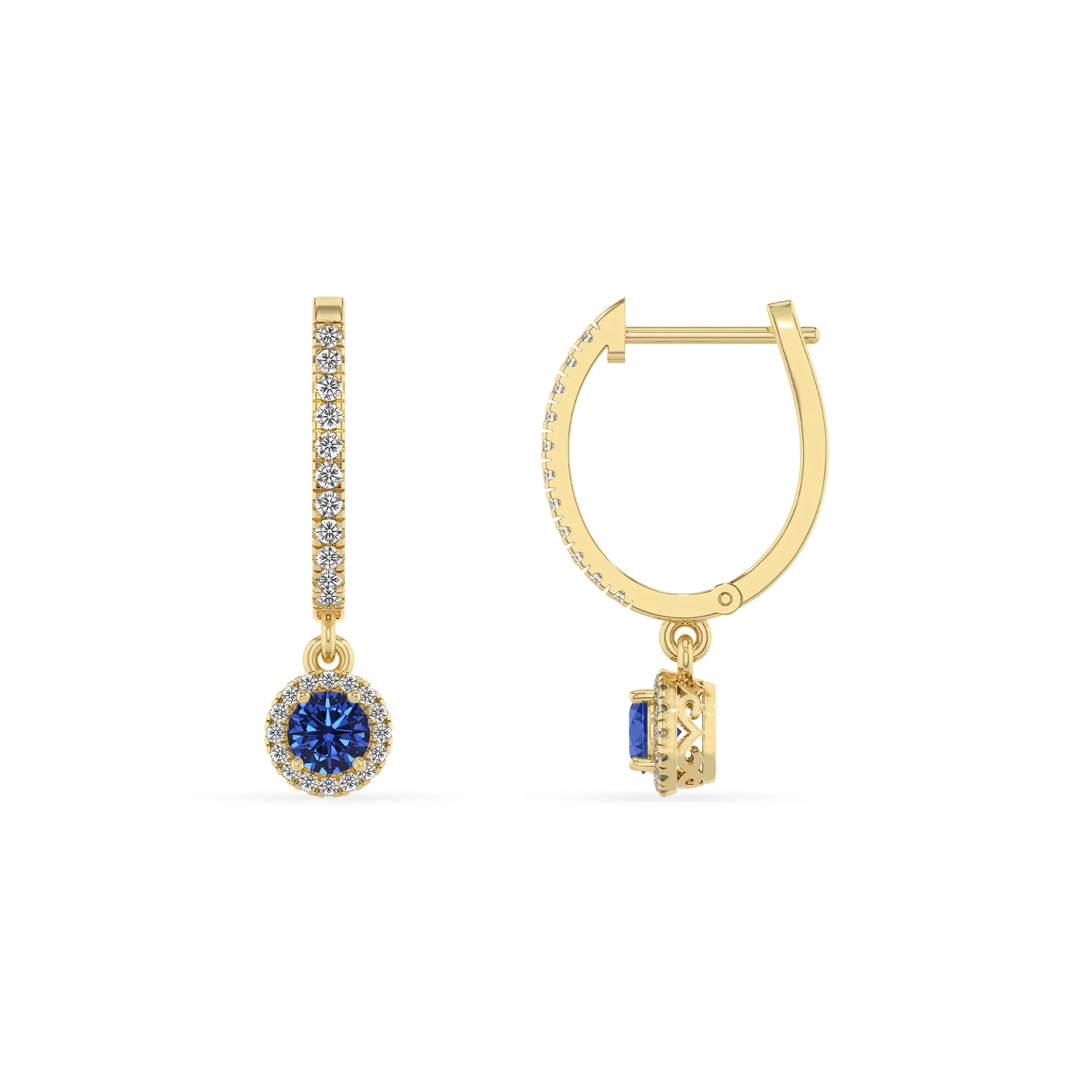 lab grown blue sapphire round drop earrings in yellow gold