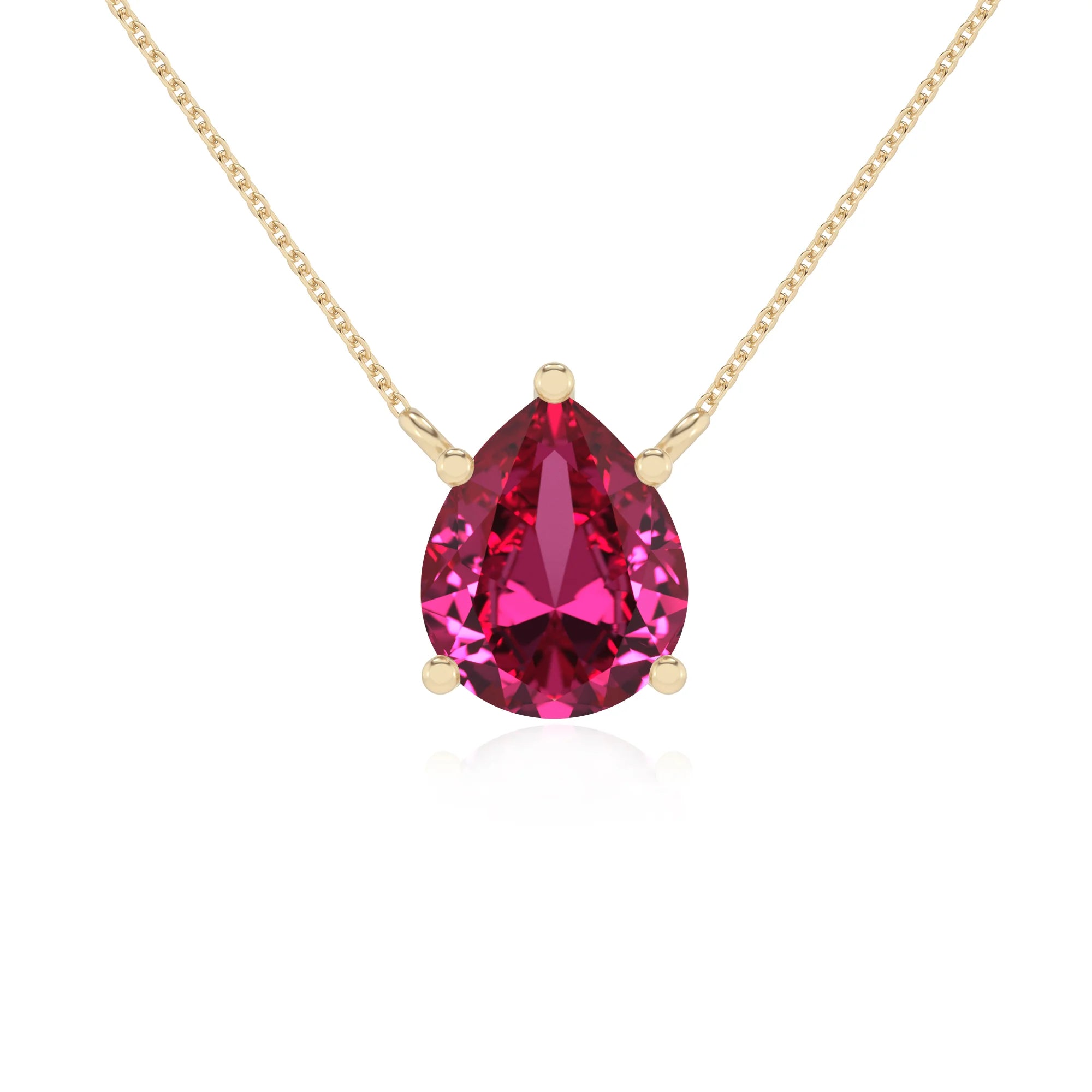 lab grown pink-sapphire pear solitaire necklaces in yellow gold