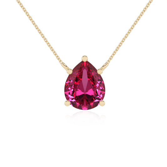 lab grown pink-sapphire pear solitaire necklaces in yellow gold