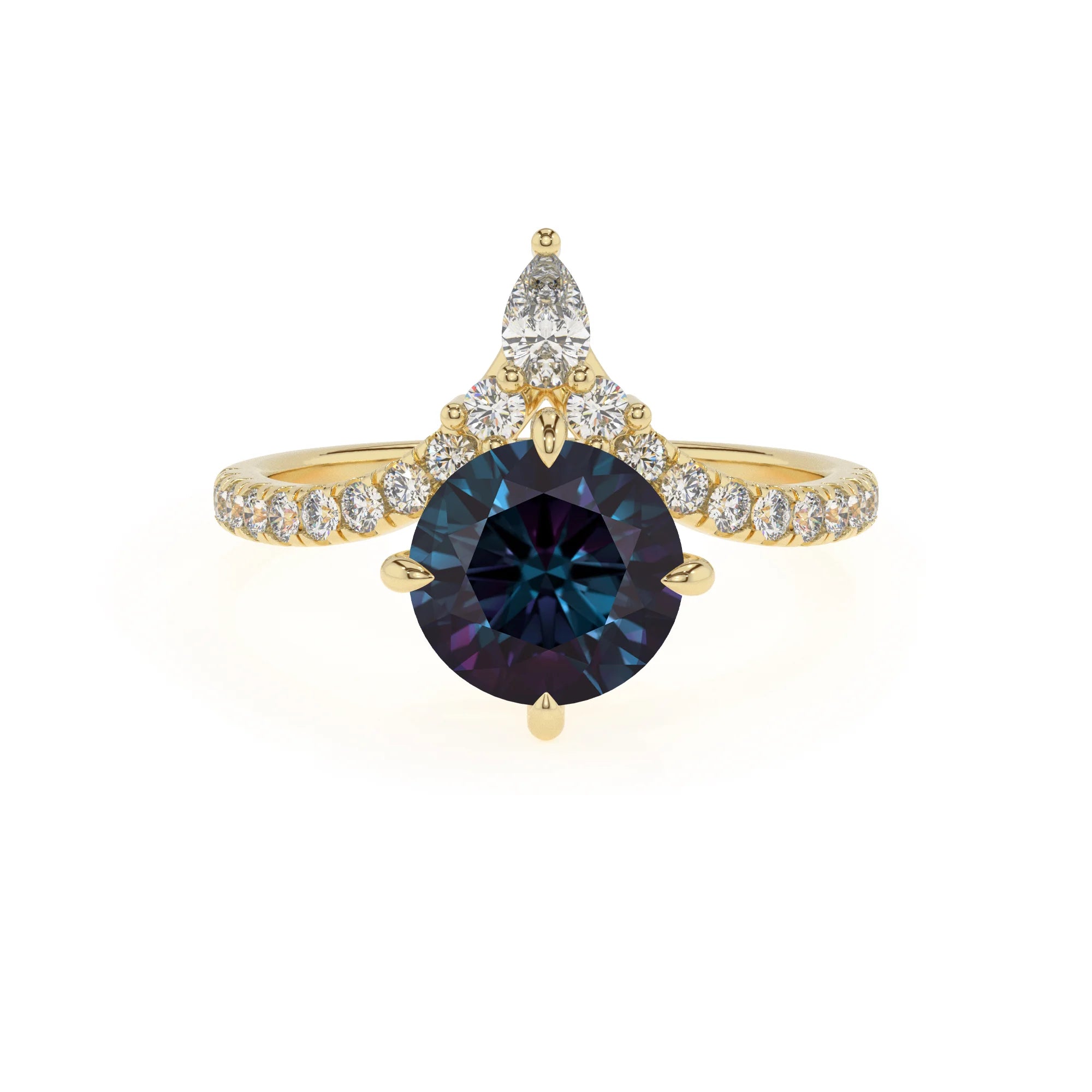 lab grown alexandrite round solitaire rings in yellow gold