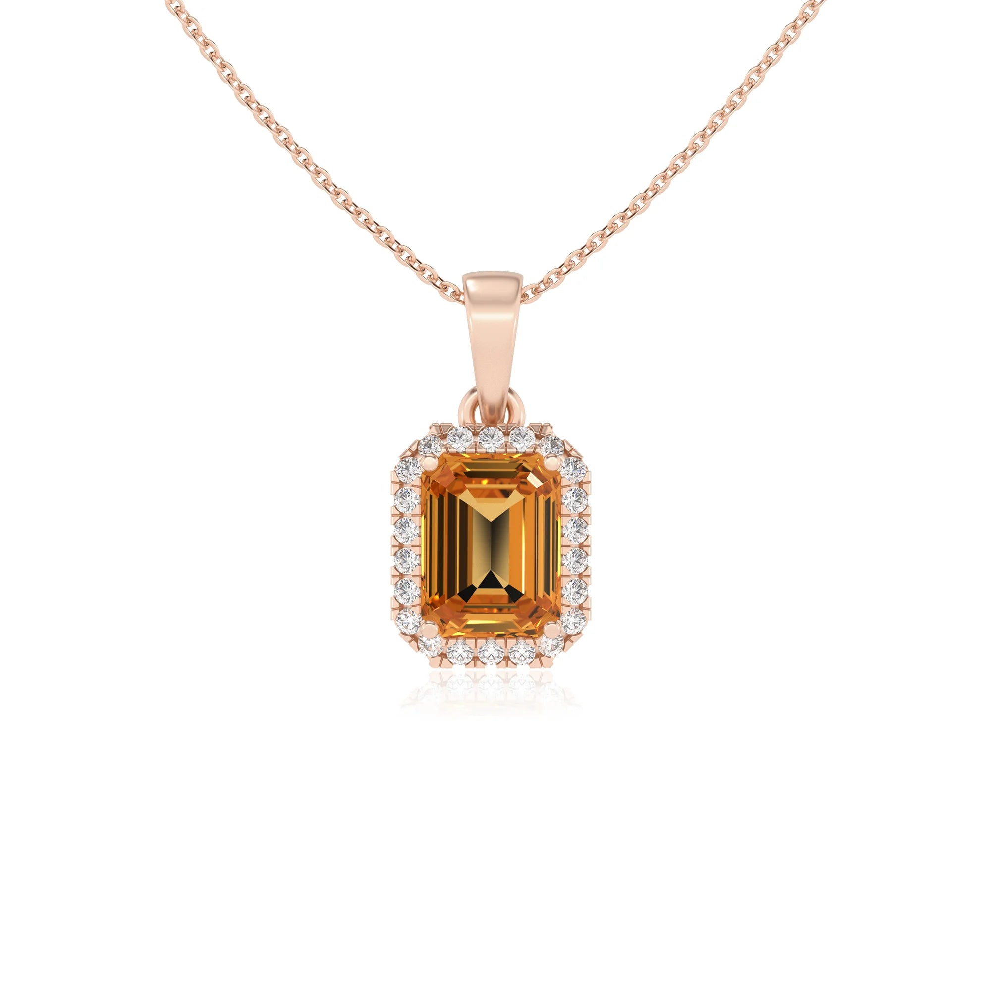lab grown citrine emerald cut solitaire necklaces in rose gold