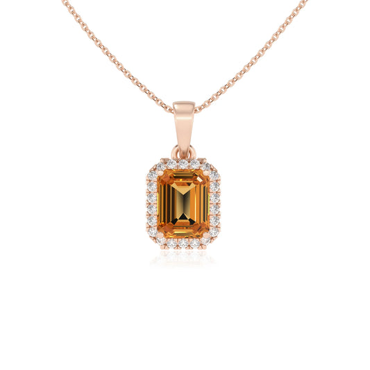 lab grown citrine emerald cut solitaire necklaces in rose gold