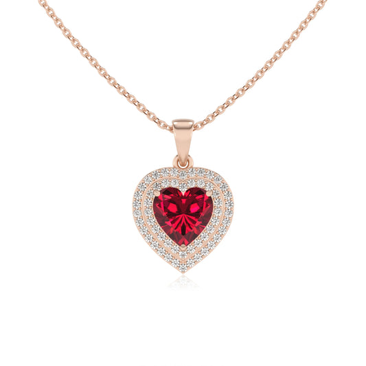 lab grown ruby heart halo necklaces in rose gold